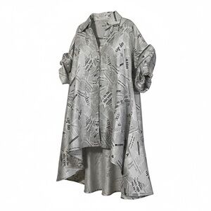 Newspaper Print High-Low Oversized Shirt Dress with Poof Sleeve & Gemstone Butto
